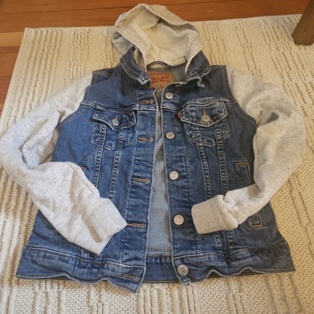 Levi's Blue Denim Jacket with Light Gray Attached Hood And Sleeves